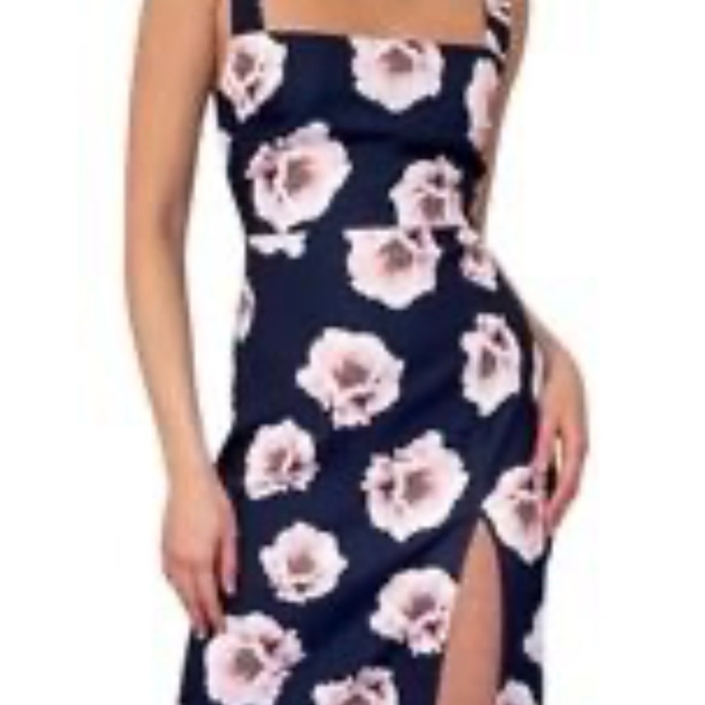 Aritzia Babaton Navy & Pink Floral 90s Slit Midi Dress